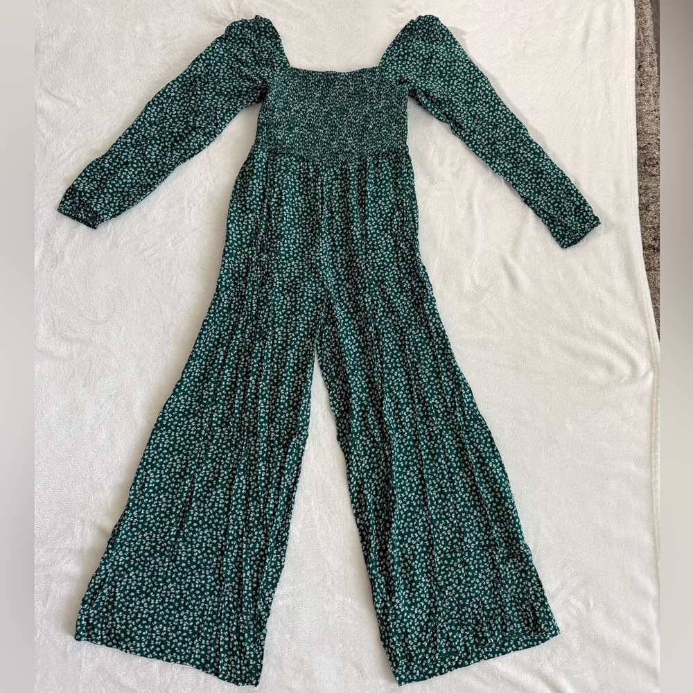 Boho Green Floral Jumpsuit — Wide Leg, Square Neck